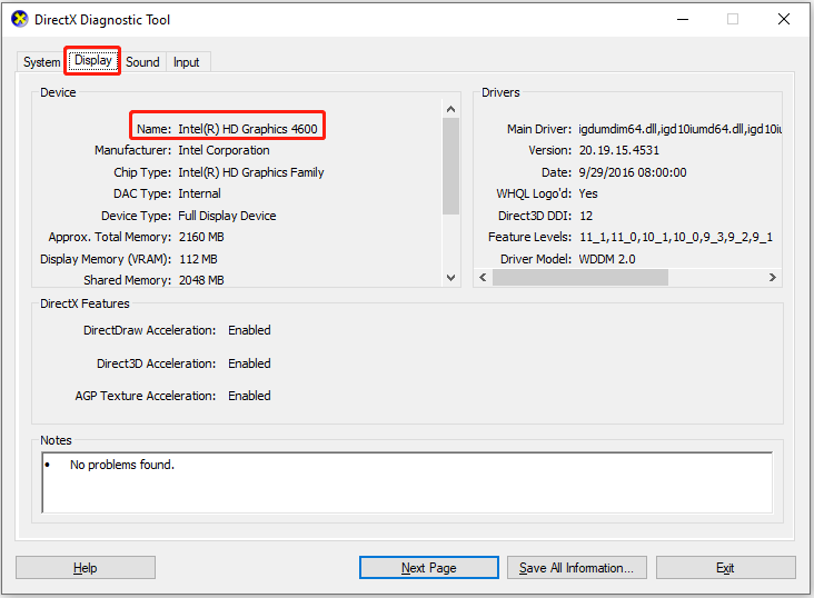 check the graphics card name in the DirectX Diagnostic Tool