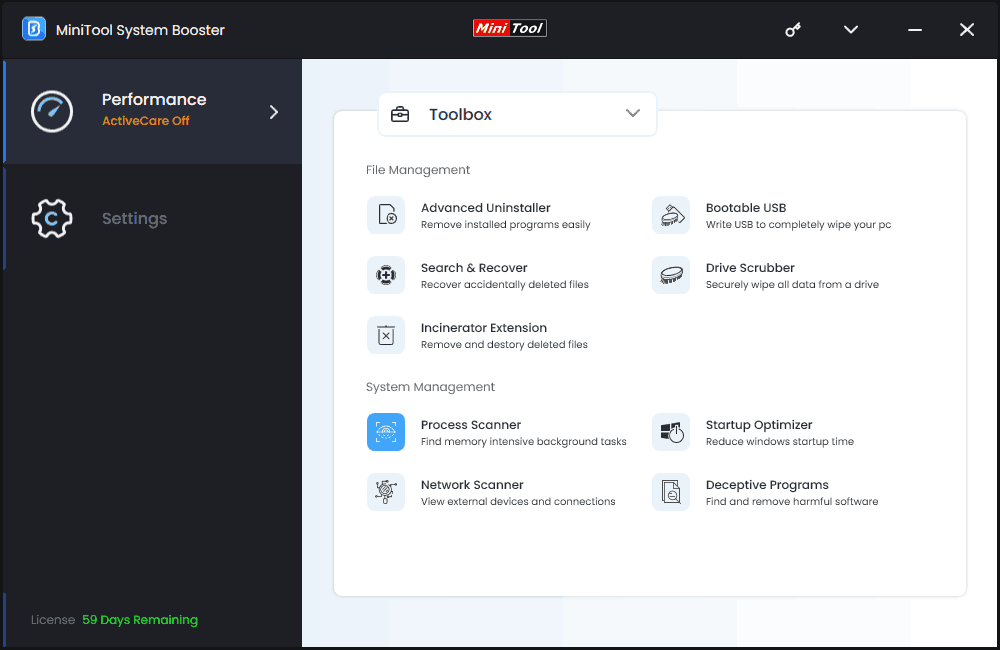 MiniTool System Booster Toolbox Process Scanner