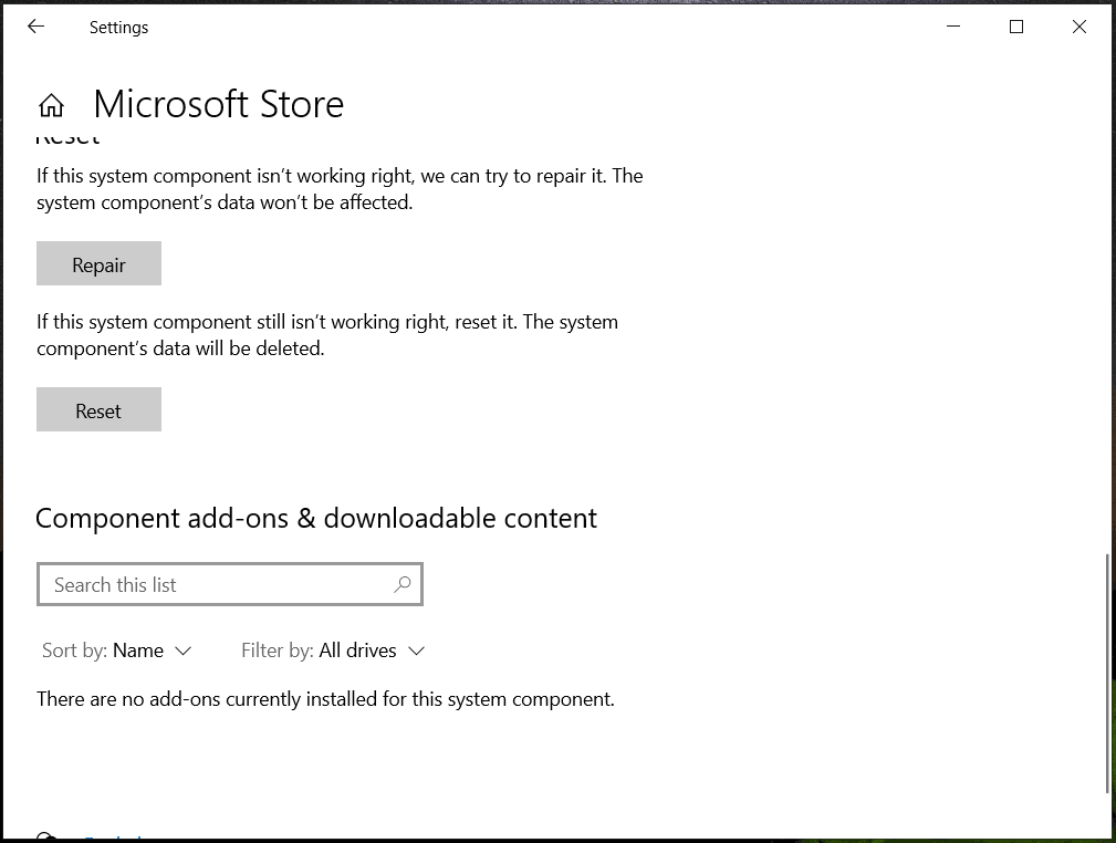 reset Microsoft Store via Settings Windows 10