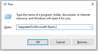 type %appdata%\Microsoft\Teams in the Run box to open the Teams folder