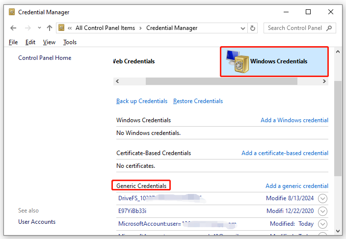 select Windows Credentials and scroll down to locate Generic Credentials