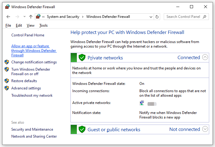 select Allow an app or feature through Windows Defender Firewall