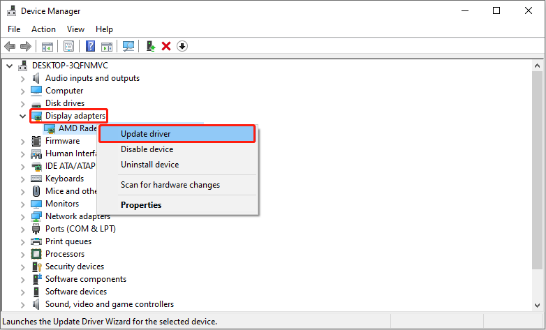 update the graphics driver in Device Manager