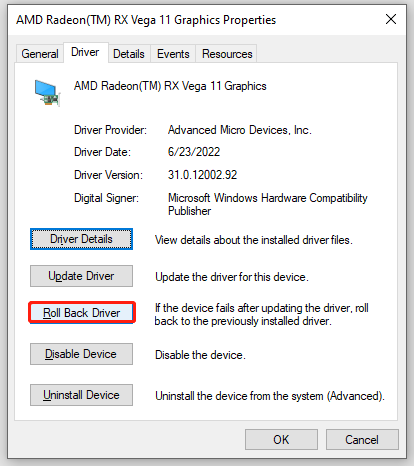 hit Roll Back Driver under the Driver tab