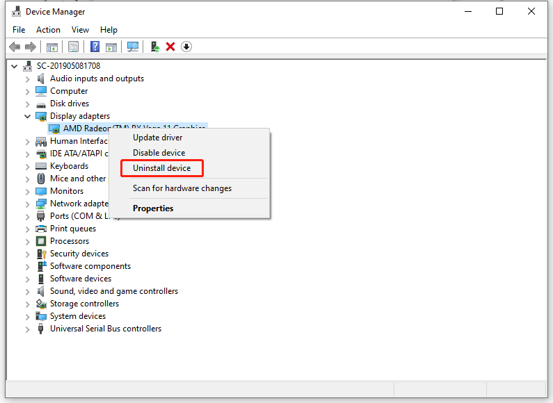 select Uninstall device to uninstall your graphics driver