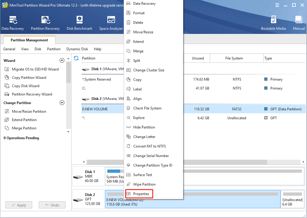 verificar propriedades da partição