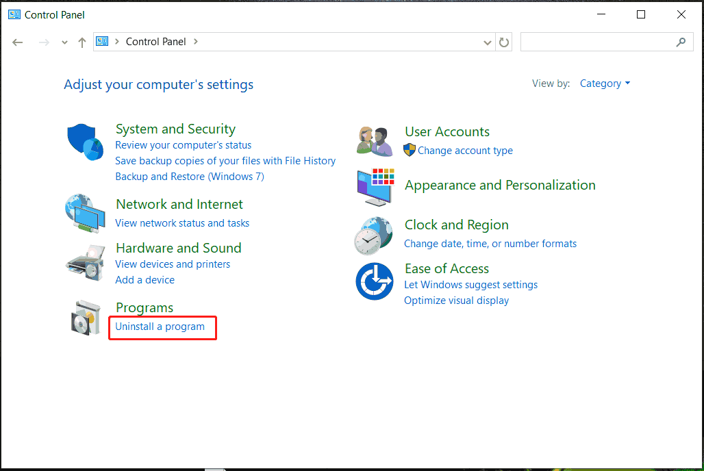 uninstall a program under Programs in Control Panel