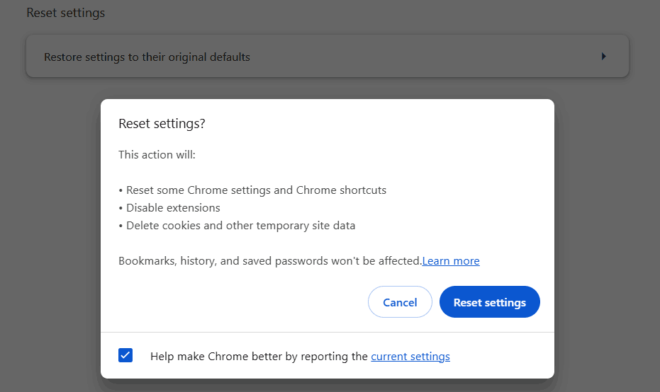 reset Google Chrome to defaults