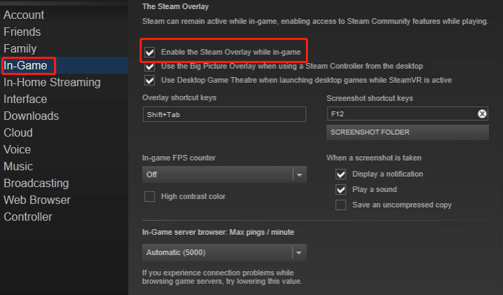 desmarque Ativar a sobreposição do Steam durante o jogo