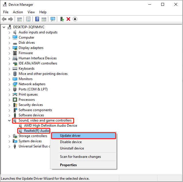 update audio driver in Device Manager