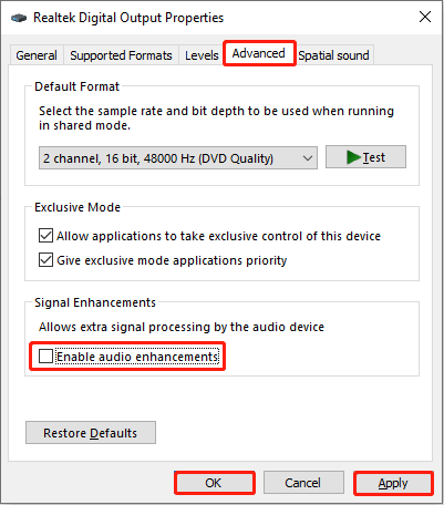 disable the audio enhancements