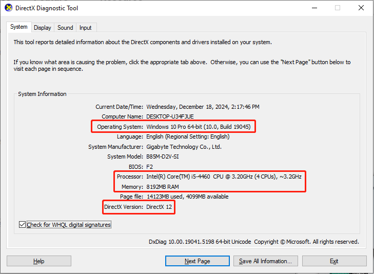 the detailed information on the computer’s specification