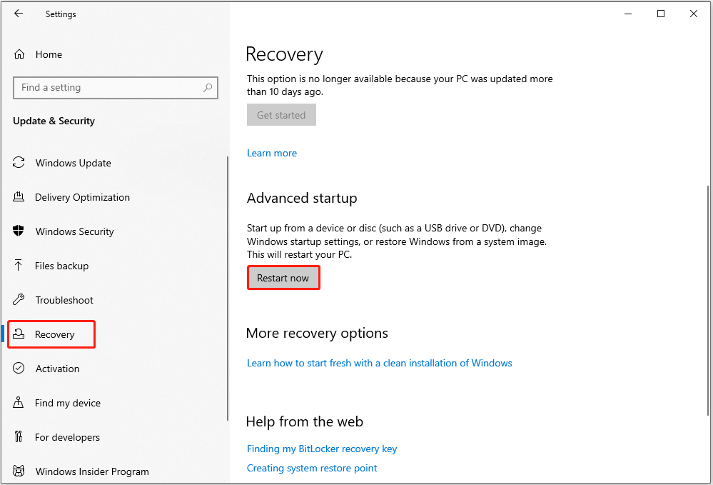 perform an advanced Windows startup from Settings