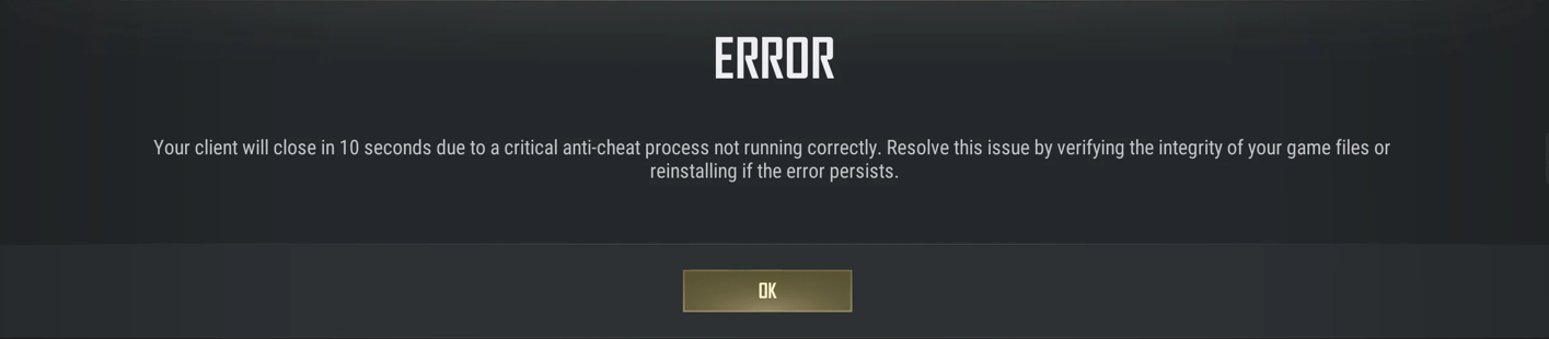 the error message of the PUBG anti-cheat error