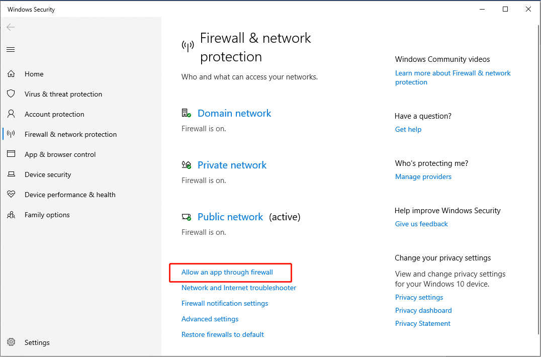 click Allow an app through the Windows firewall to change the settings