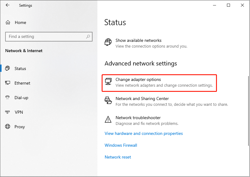 click Change adapter options to change the internet