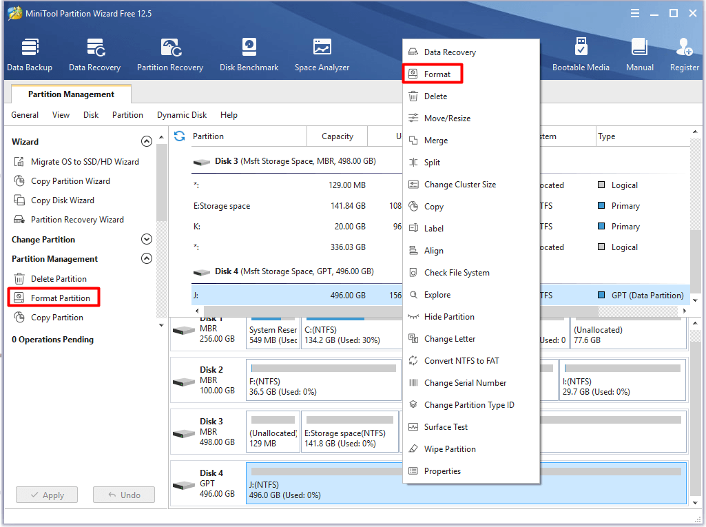 clique em Formatar ou Formatar partição no MiniTool Partition Wizard