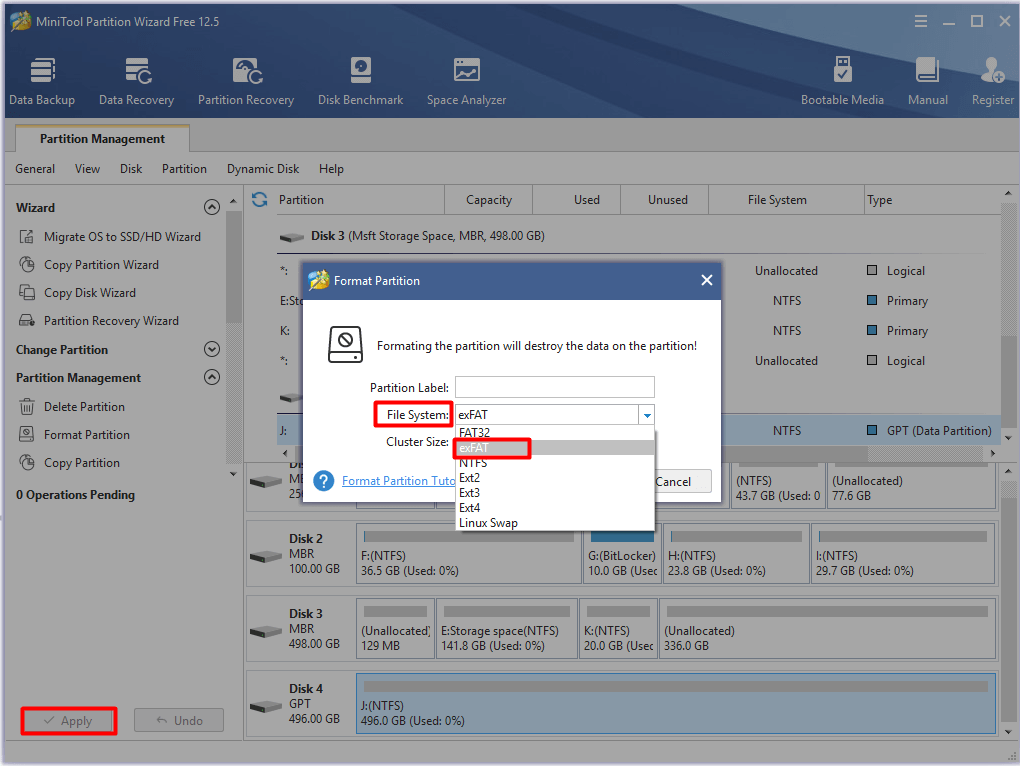 escolha um sistema de arquivos para a partição e clique em Aplicar no MiniTool Partition Wizard