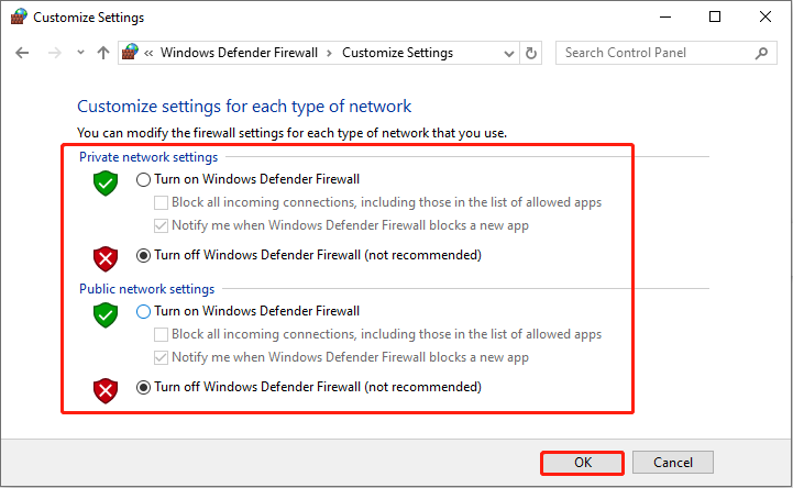 turn off Windows Defender Firewall with Control Panel