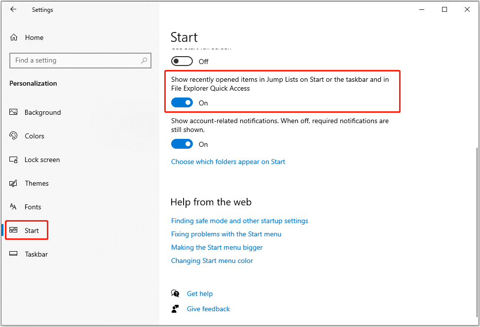 enable the Show recently open items feature in Start Settings