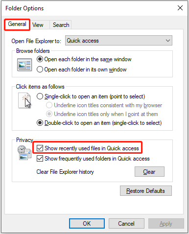 show recently used files in Quick access