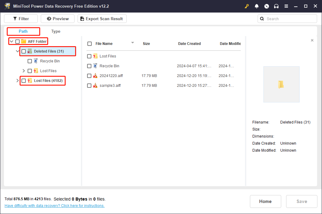 find the needed AIFF audio files from the Path tab in the scanning result page of MiniTool Power Data Recovery