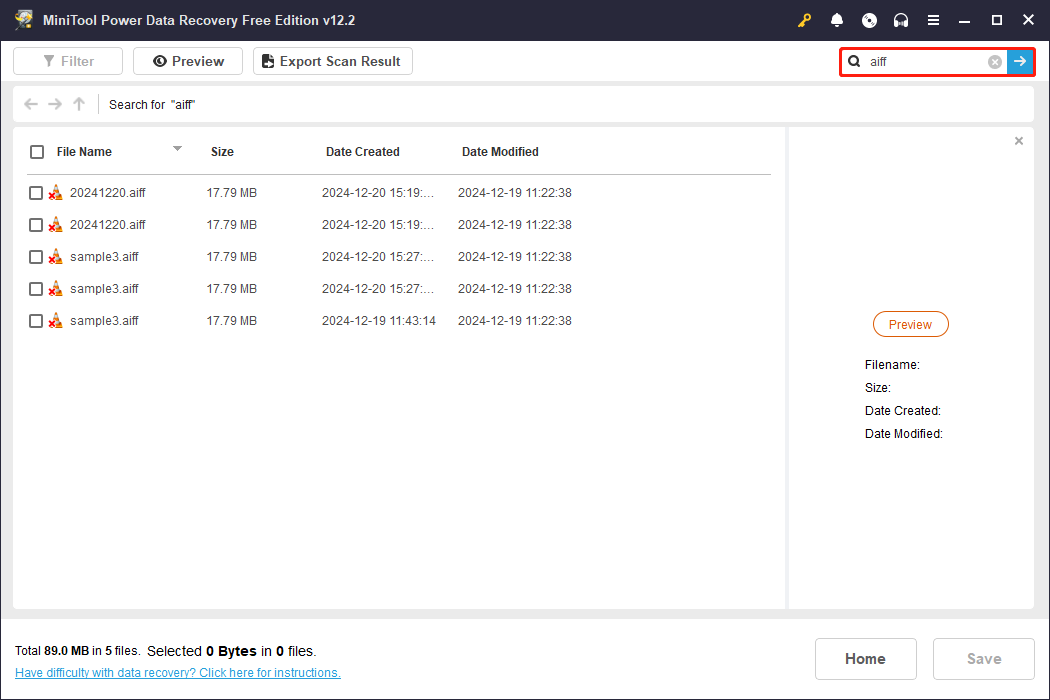 use the Search feature to search for the needed AIFF audio files in the scanning result page of MiniTool Power Data Recovery