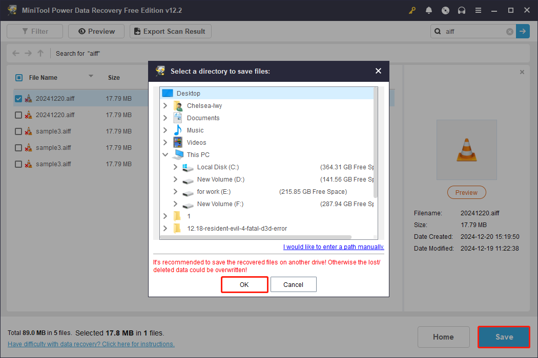 save the selected AIFF audio files to a new location in MiniTool Power Data Recovery