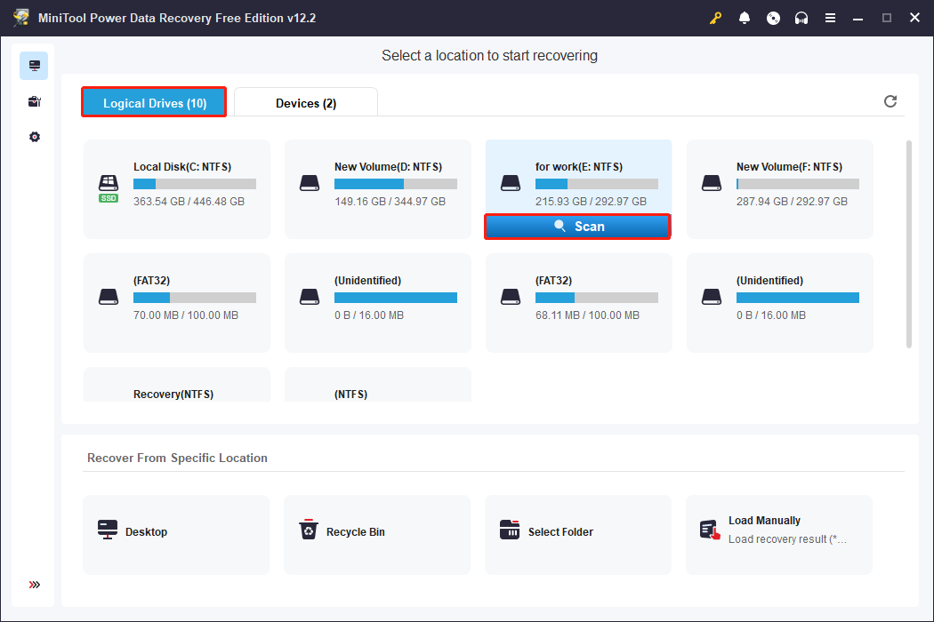 scan the drive where CAB files were stored in the main interface of MiniTool Power Data Recovery