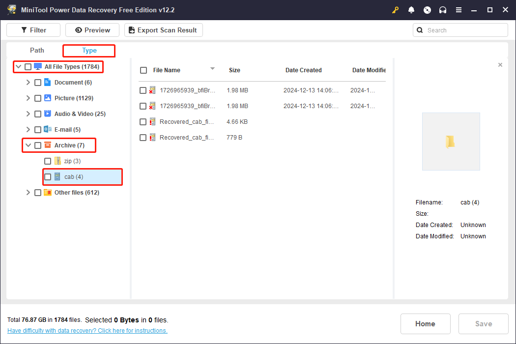 find CAB files through Type feature in the scanning result page of MiniTool Power Data Recovery