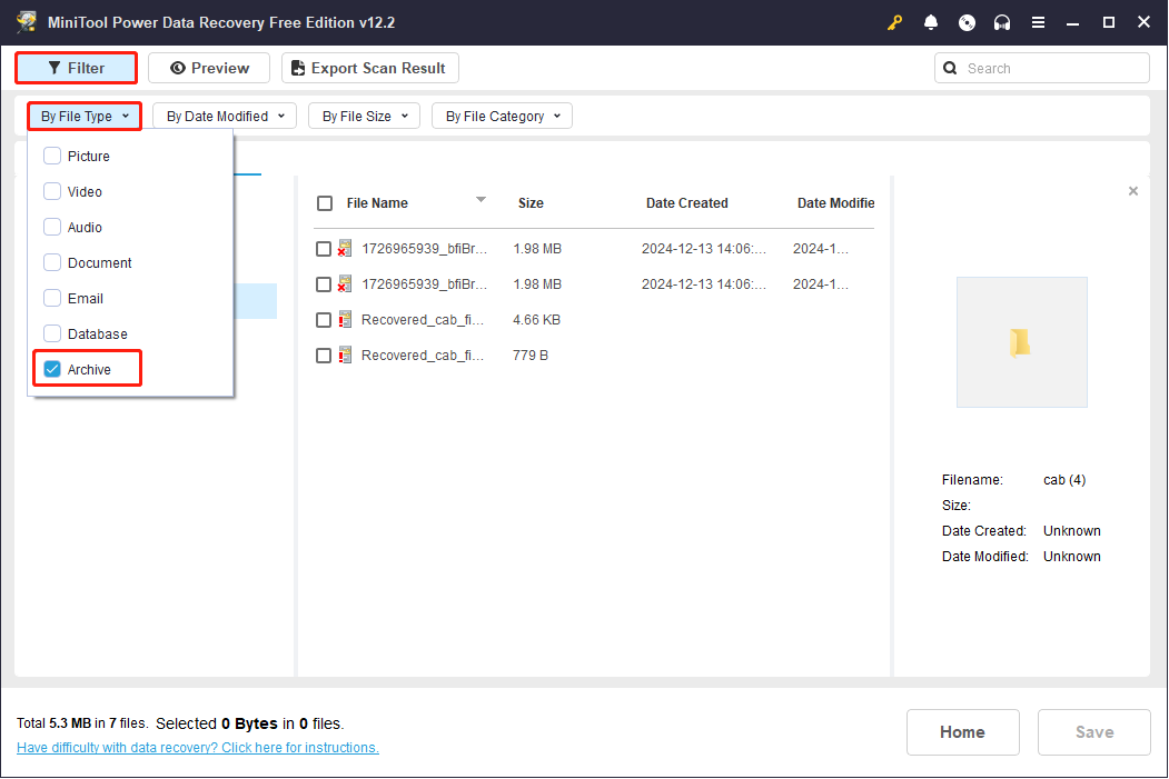 find CAB files through Filter feature in the scanning result page of MiniTool Power Data Recovery