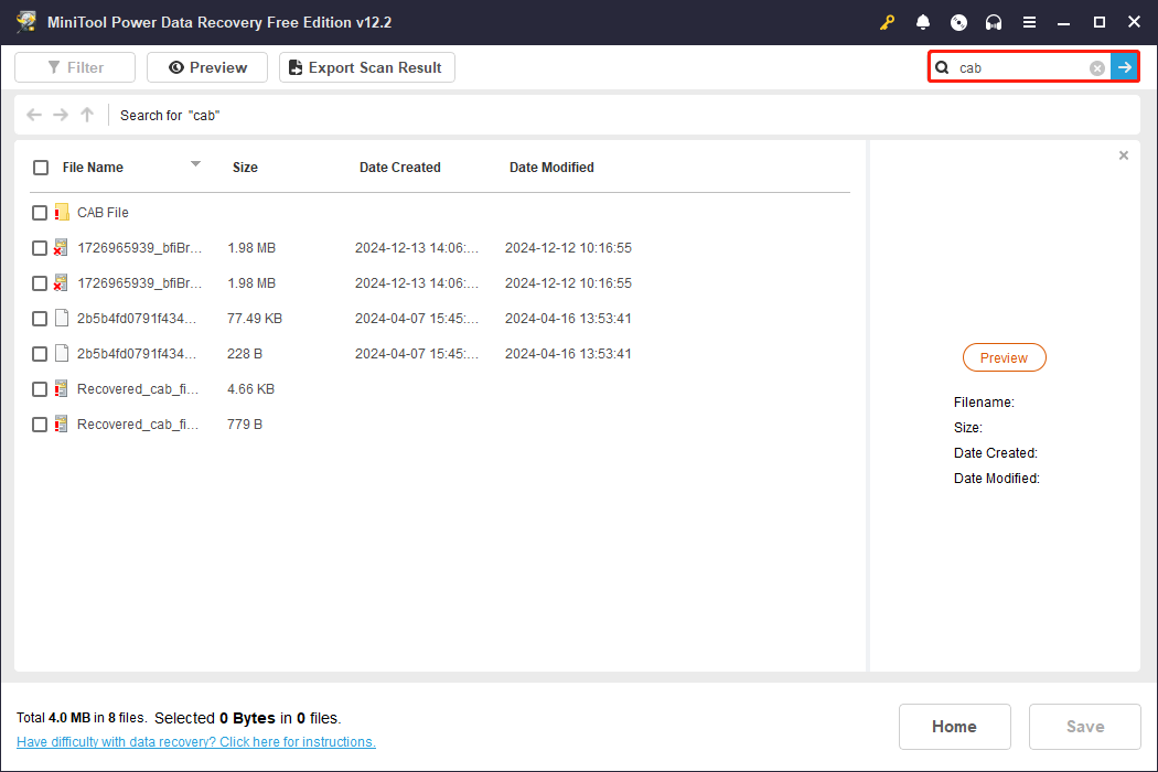 find CAB files through Search feature in the scanning result page of MiniTool Power Data Recovery