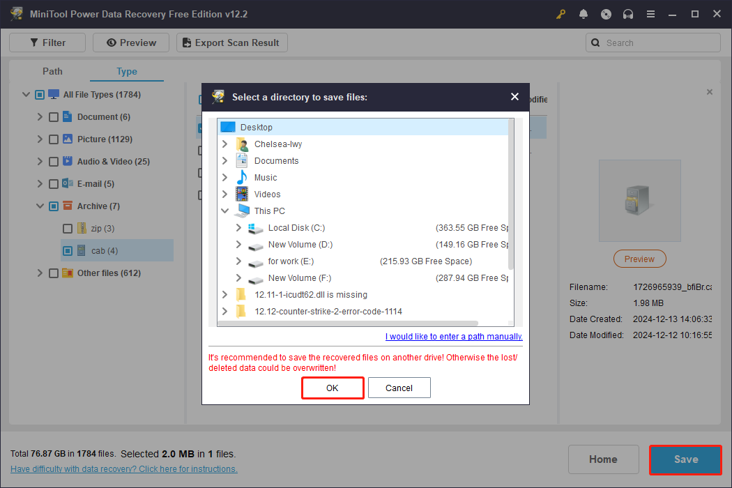 choose a new location to store the selected CAB files in MiniTool Power Data Recovery