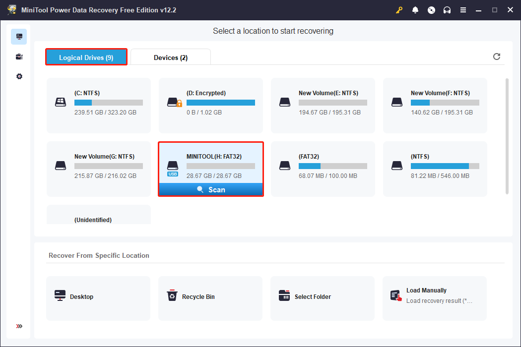 hover the mouse over the target partition and click Scan to start the scanning process in MiniTool Power Data Recovery