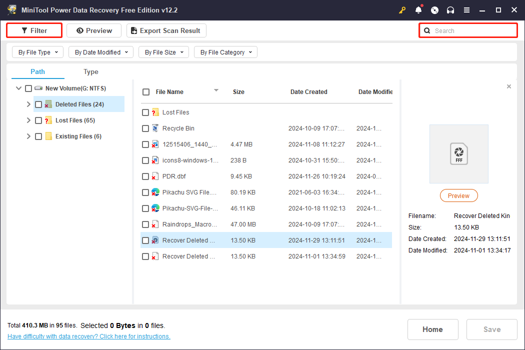 the Filter and Seach features of MiniTool Power Data Recovery