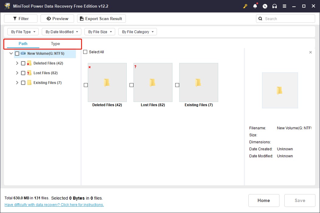 the Path and Type features in MiniTool Power Data Recovery