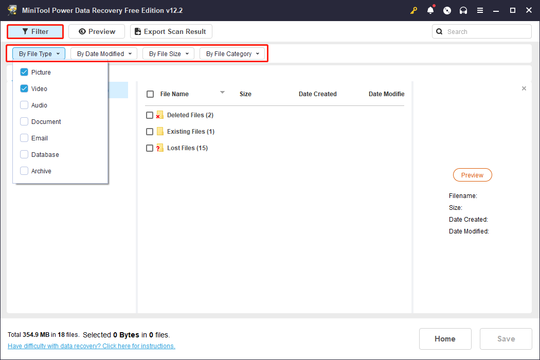 the Filter features to help users find the wanted files easily in MiniTool Power Data Recovery