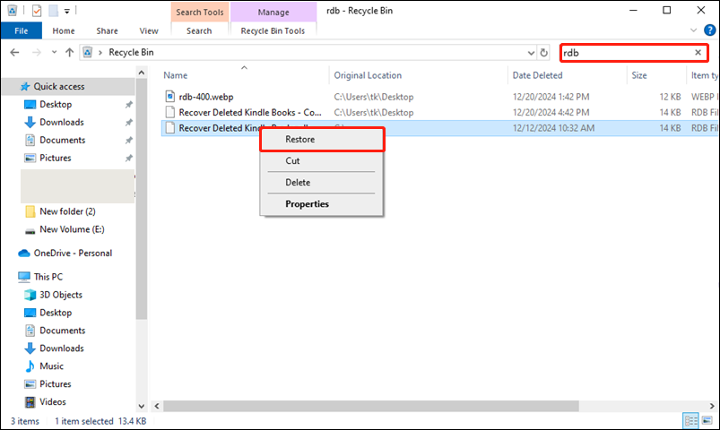 type rdb in the search bar and press Enter to search for your deleted RDB files