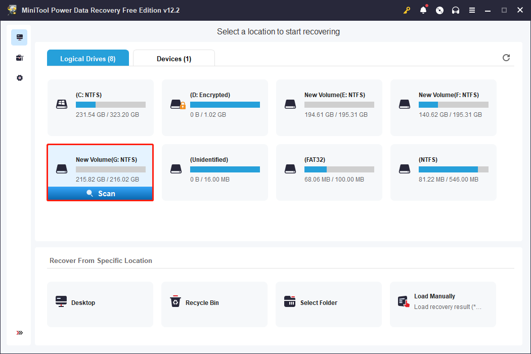 scan the target partition in MiniTool Power Data Recovery