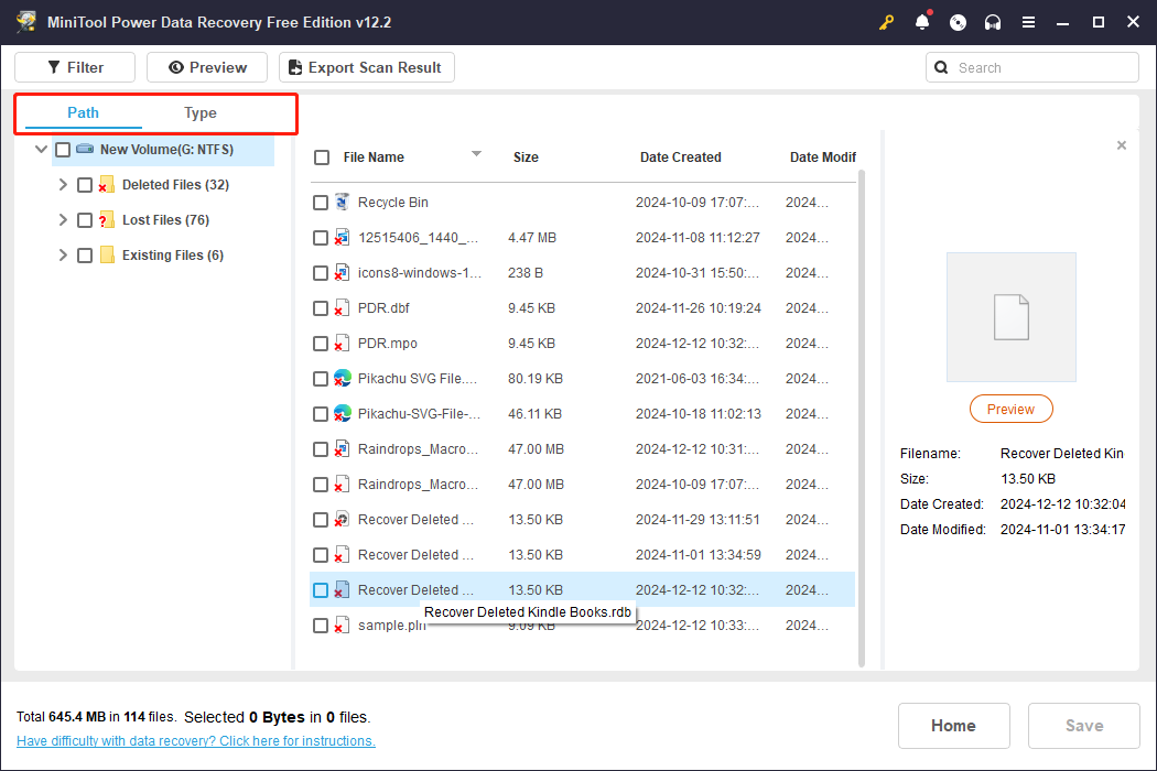 the Path and Type features in MiniTool Power Data Recovery