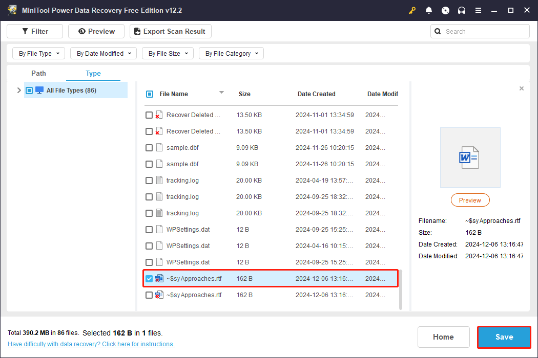check wanted files and click Save to recover your lost RTF file in MiniTool Power Data Recovery