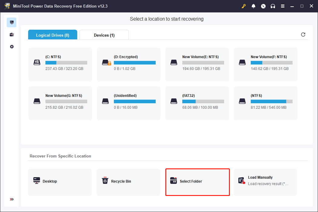 choose Select Folder to manually load the Elden Ring file location in MiniTool Power Data Recovery