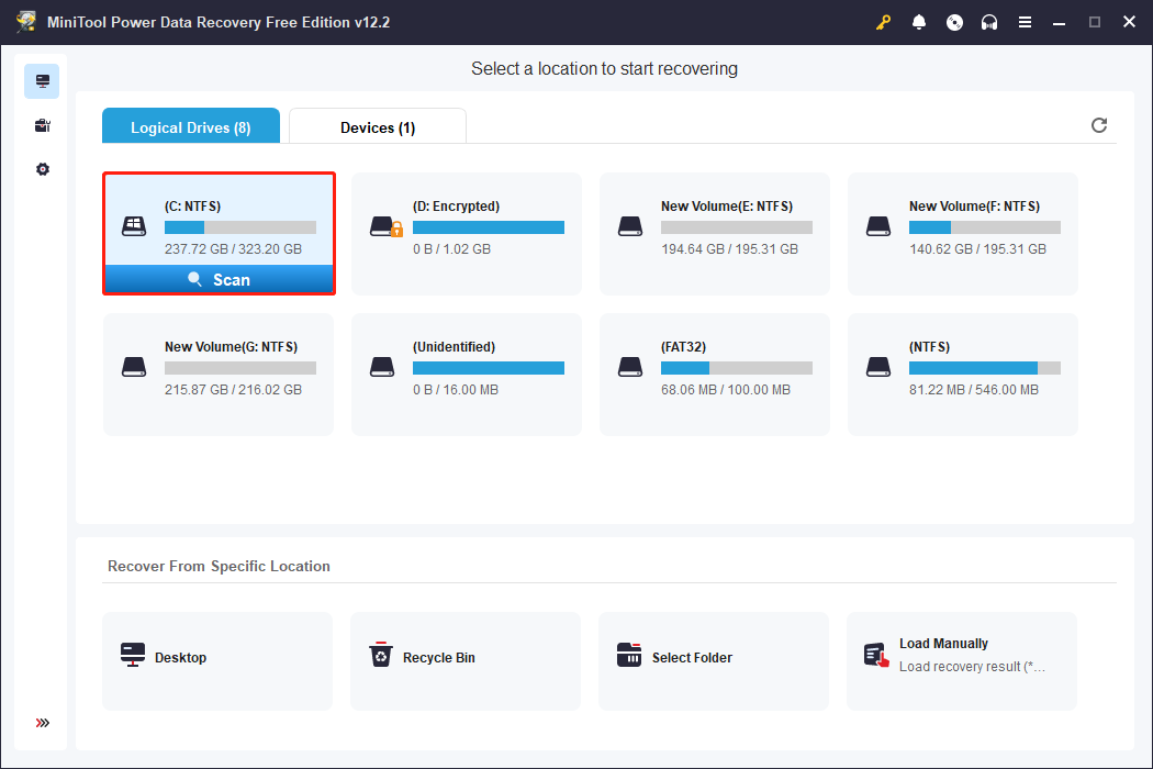 select the target partition and click Scan on the main interface of MiniTool Power Data Recovery