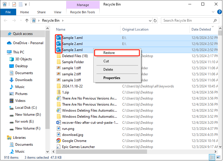 recover deleted EML files from the Recycle Bin