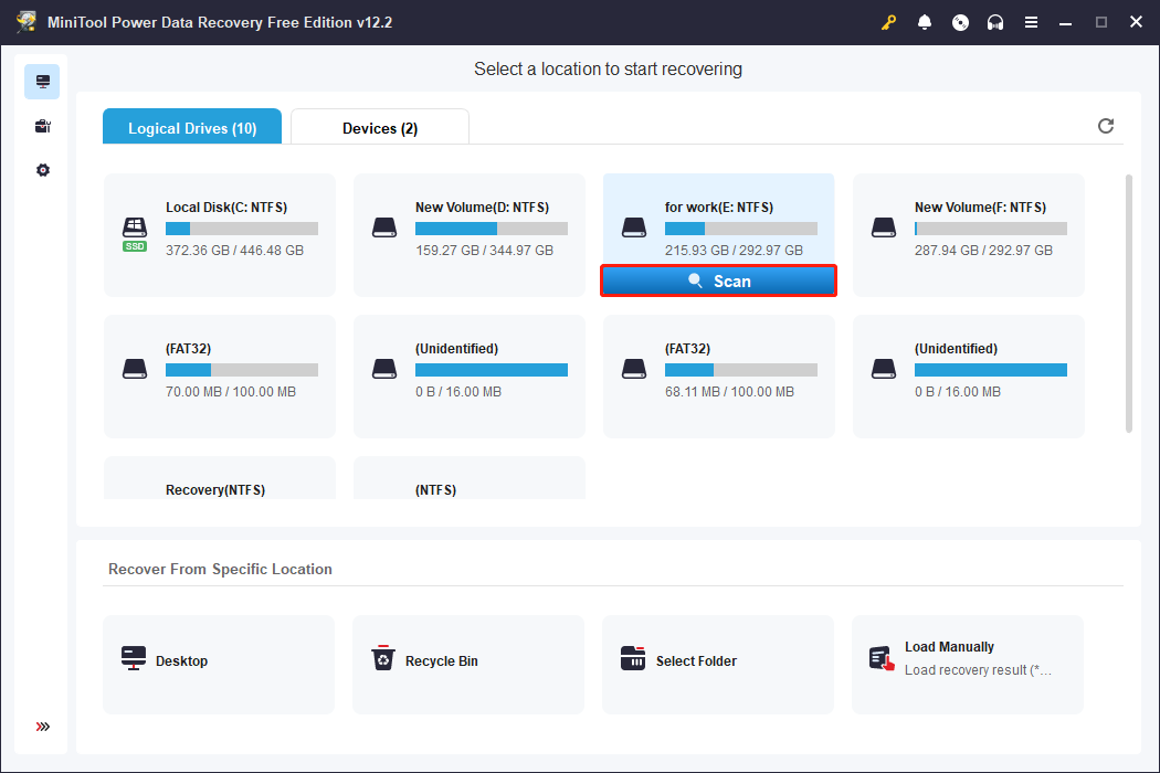 scan the drive where EML files were stored in the main interface of MiniTool Power Data Recovery