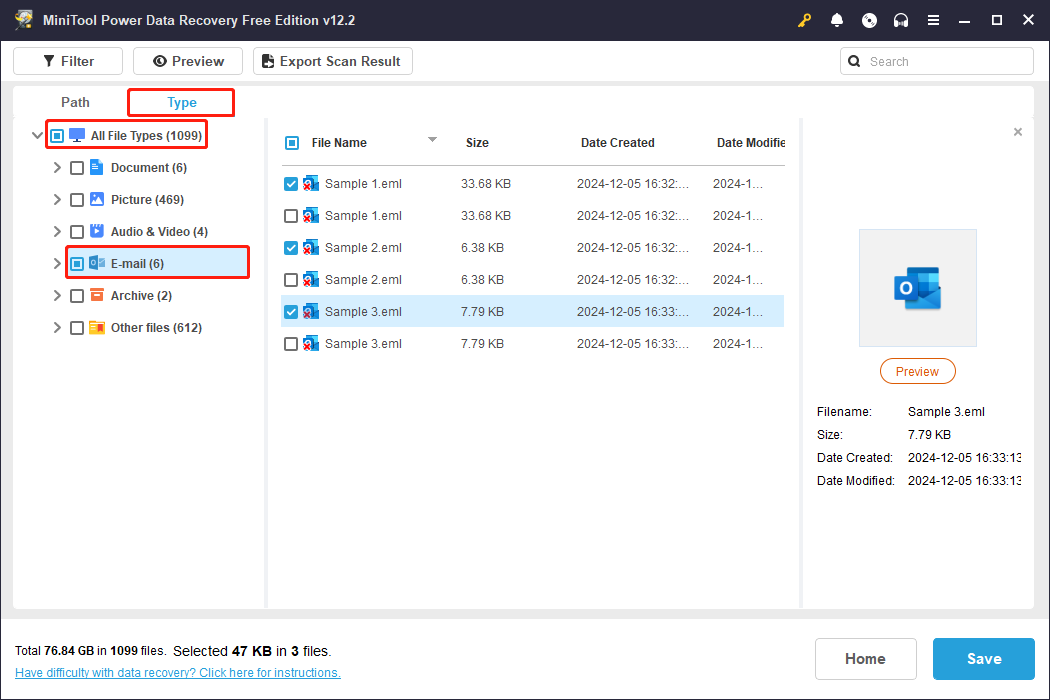 use the Type feature to find EML files in the scanning result page of MiniTool Power Data Recovery