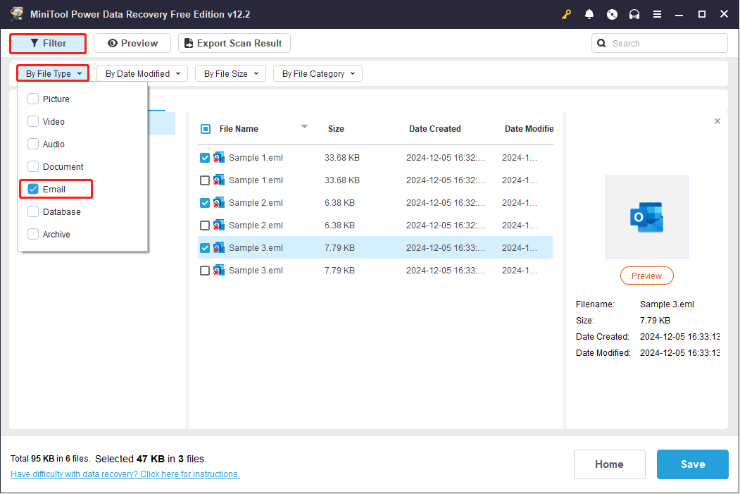 use the Filter feature to find EML files in the scanning result page of MiniTool Power Data Recovery