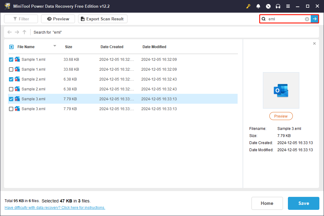 use the Search feature to find all EML files in the scanning result page of MiniTool Power Data Recovery