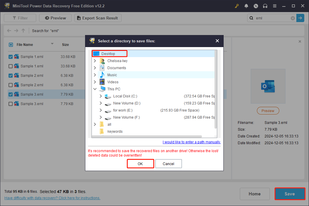 choose a new location to store the selected EML files in MiniTool Power Data Recovery