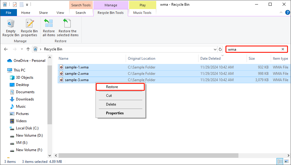 restore deleted WMA files from the Recycle Bin